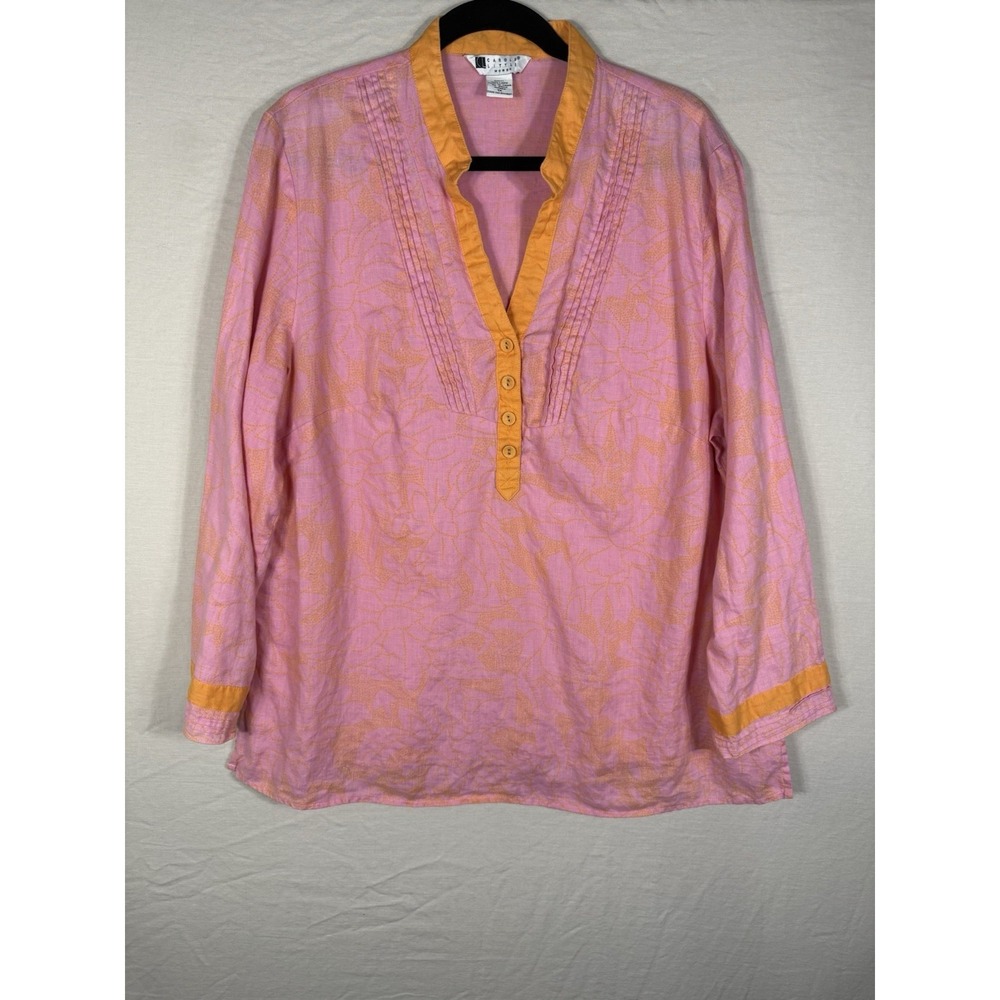 Carole Little 100% Linen Blouse Womens 1X Pink Orange Popover Tunic Boho